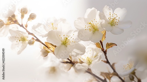 Realistic fruit tree branch with spring flowers. Beautiful flowering apple tree in spring day. Generative AI. Illustration for cover  card  postcard  brochure  advertising or presentation.