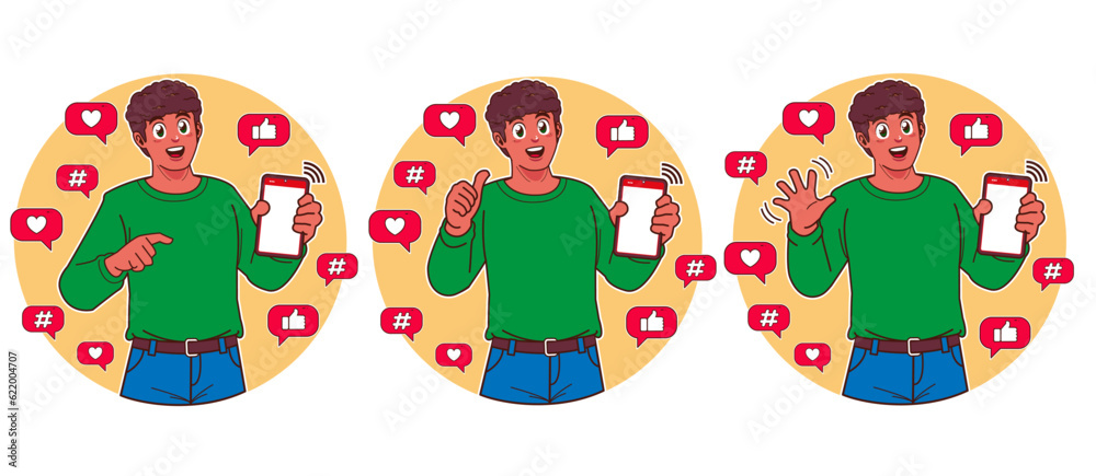 Fototapeta premium a man holding a smartphone and using social media