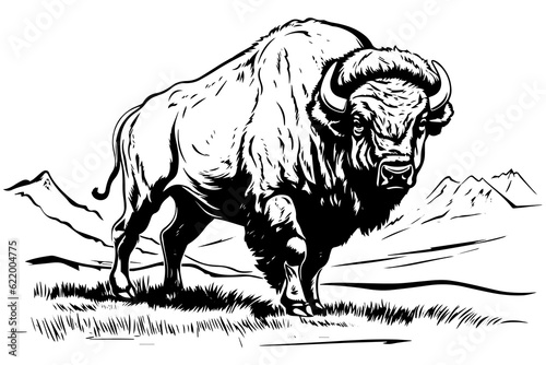 Hand drawn buffalo. Vector illustration of bull ink sketch engraving style.