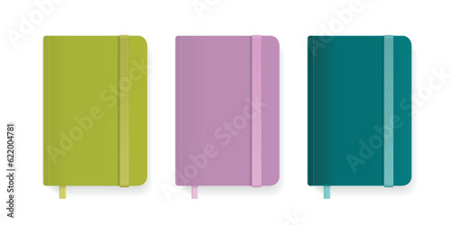 Realistic Detailed 3d Color Copybook Template with Elastic Band and Bookmark Set for Office Information. Vector illustration