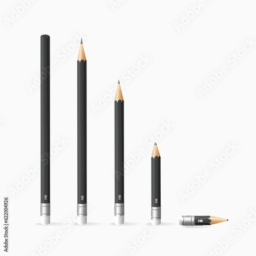 Realistic Detailed 3d Black Sharp Lead Pencil with Eraser on Rear End Set Isolated on White Background. Vector illustration