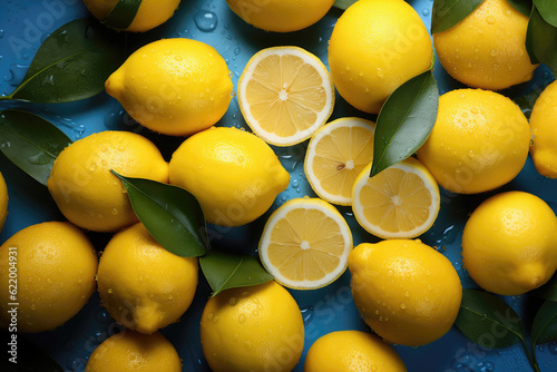 Lively Lemons: Whole and Halved Citrus Fruits with Scattered Lemon Wedges and Green Leaves on a dark blue Surface. Generative AI