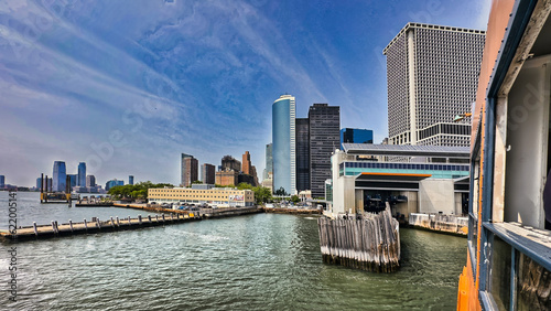 Cityscape arriving at the Staten Island Ferry station in Lower Manhattan, New York City
