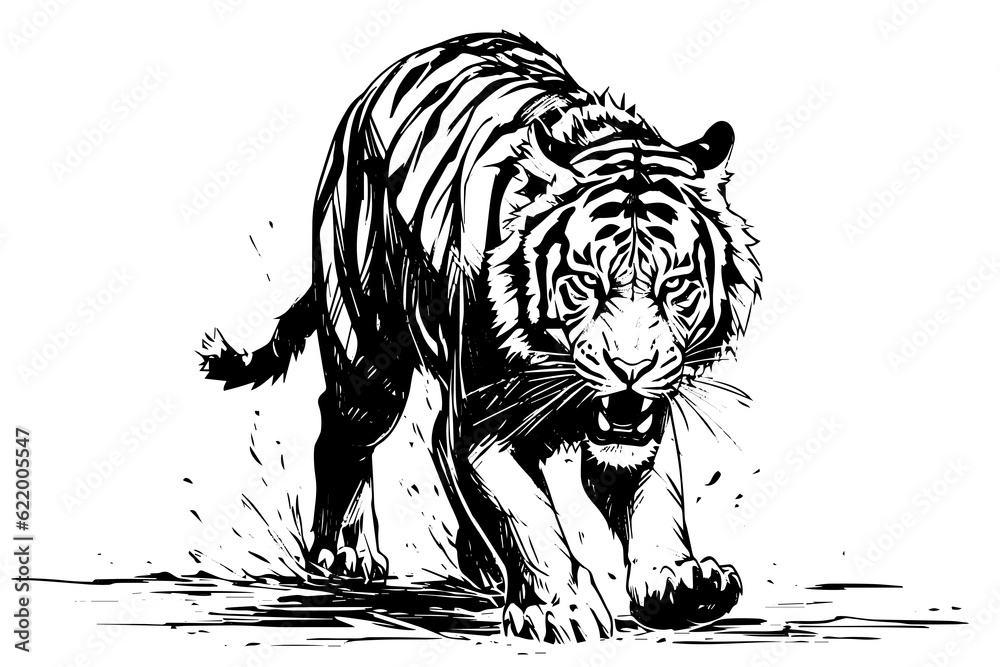 Hand drawn engraving style sketch of a tiger, vector ink illustration. Hand drawn engraving style sketch of a tiger, vector ink illustration.