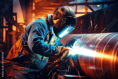 Heavy Industry Welder Working, Welding Inside Pipe. Construction of NLG Natural Gas and Fuels Transport Pipeline, generative ai