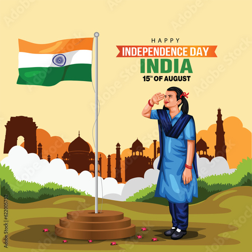 happy independence day India. Indian student saluting flag of India. abstract vector illustration design flyer