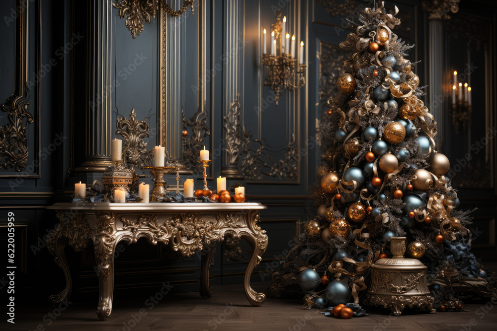 Festive Classics. Majestic Christmas Tree with Classic Decorations in a Cozy and Elegant Setting. Joyful Ambience AI Generative.
