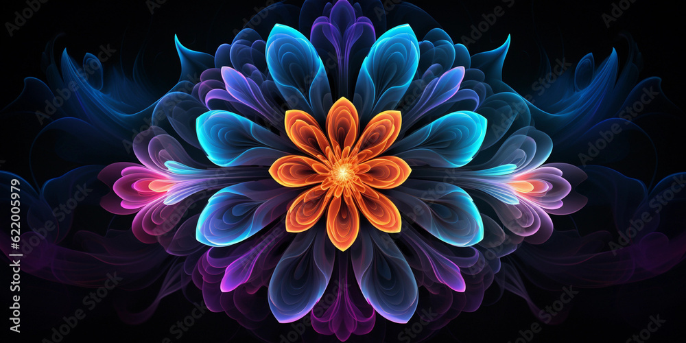 Fractal flowers blooming in a mesmerizing mandala pattern, bold, vivid colors, psychedelic design, glowing on a dark background, abstract, digital art Fractal flowers blooming in a mesmerizing mandala pattern, bold, vivid colors, psychedelic design, glowing on a dark background, abstract, digital art
