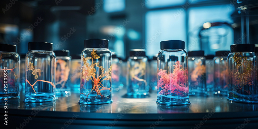 an innovative biotechnology lab, glowing tissue culture flasks, incubators, researchers studying cell growth, soft ambient light an innovative biotechnology lab, glowing tissue culture flasks, incubators, researchers studying cell growth, soft ambient light