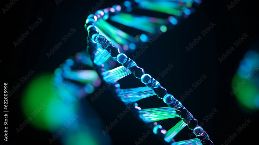 DNA double helix spinning, blue and green phosphorescent light, against a black background, ultra - detailed