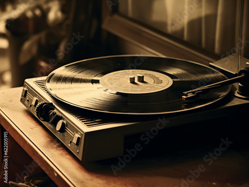 Abstract retro style, vintage turntable on a wooden table, grainy, sepia tones, polaroid aesthetic