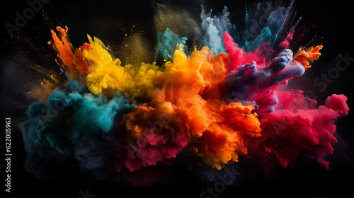 Colorful explosion of chalk dust against a dark background, high - speed photography style, dynamic movement, vibrant, playful, surreal