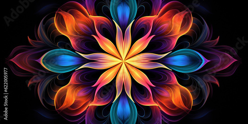 Fractal flowers blooming in a mesmerizing mandala pattern, bold, vivid colors, psychedelic design, glowing on a dark background, abstract, digital art © Marco Attano