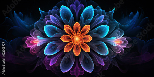 Fractal flowers blooming in a mesmerizing mandala pattern  bold  vivid colors  psychedelic design  glowing on a dark background  abstract  digital art