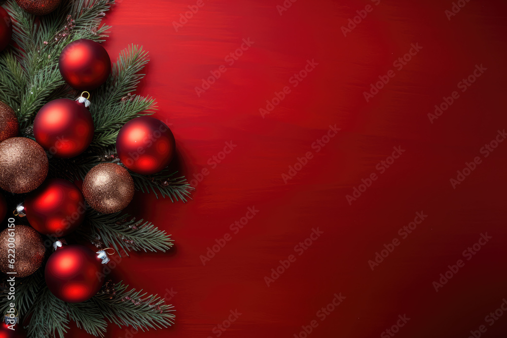 Christmas Tree Decorations Flat Lay: Stylishly Arranged Ornaments on a Red Background with Generous Copy Space for Your Message



