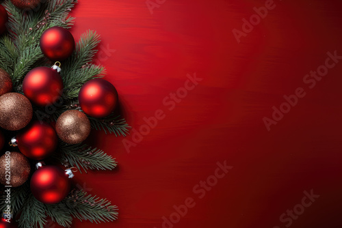 Christmas Tree Decorations Flat Lay: Stylishly Arranged Ornaments on a Red Background with Generous Copy Space for Your Message