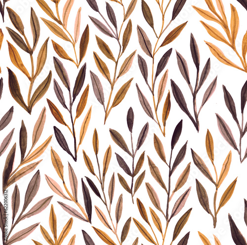 Brown watercolor leaf seamless pattern. Composition of green leaves and branches on a white background, perfect for wrappers, wallpapers, postcards, greeting cards (ID: 622006312)