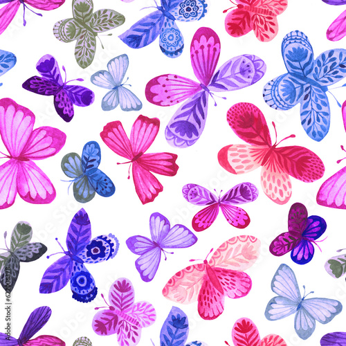 Seamless pattern with watercolor butterflies. Freehand drawing, rainbow colors pattern. Decorative wallpaper design (ID: 622006378)