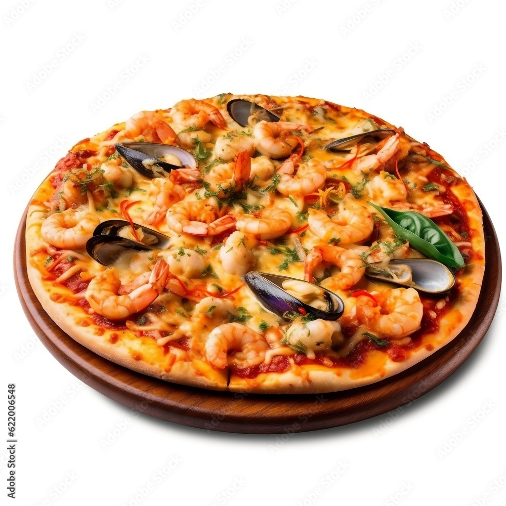 Pizza with seafood with isolated background generative ai Pizza with seafood with isolated background generative ai