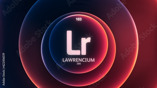 Lawrencium as Element 103 of the Periodic Table. Concept illustration on abstract blue red gradient rings seamless loop background. Title design for science content and infographic showcase display. photo