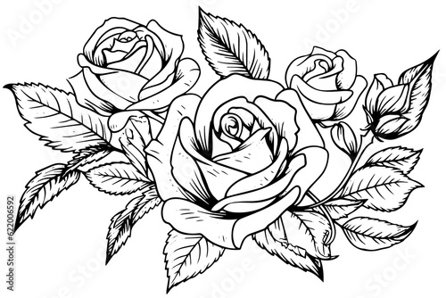 Vintage rose flower engraving calligraphic .Victorian style tattoo vector illustration