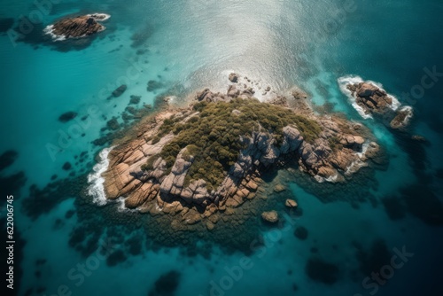 view of a reef in the sea, Photographic Capture of an Archipelago with a Blue Ocean, Offering a Breathtaking Bird's-Eye View of the Serene Shoreline