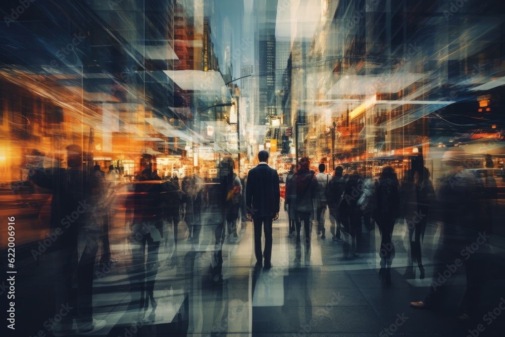 A captivating time-lapse showcasing a blurred, busy street scene filled with vibrant crowds. The multiple exposures create a sense of motion and merge the layers of movement, Generative AI