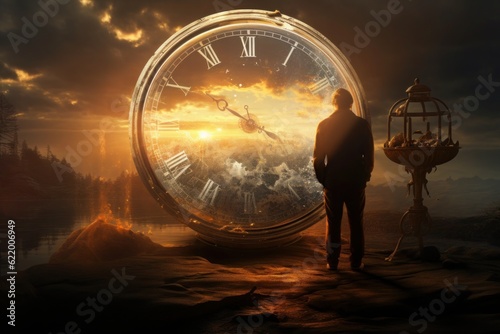Time in a surreal realm: A lone figure gazes at a colossal clock in a mesmerizing landscape, blurring the boundaries between reality and imagination. This captivating scene. Generative AI