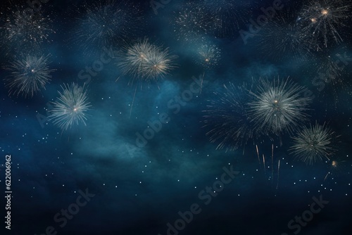 A stunning long panorama featuring a Silvester 2024 celebration. Colorful fireworks burst against the backdrop of a textured dark blue night sky, setting the stage for a festive New Year's Eve. AI Art