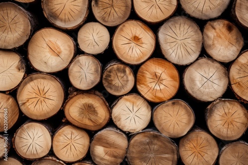 Stack of wooden stumps in cross section texture background - Wood woods forest long wide panorama banner pattern. Generative AI