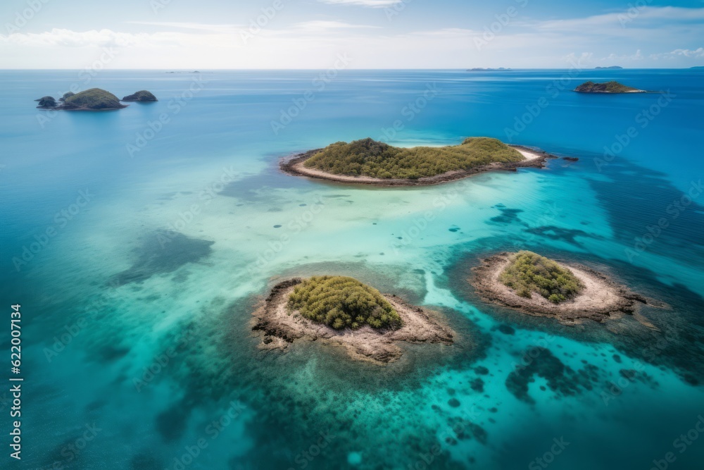 view of a reef in the sea, Photographic Capture of an Archipelago with a Blue Ocean, Offering a Breathtaking Bird's-Eye View of the Serene Shoreline