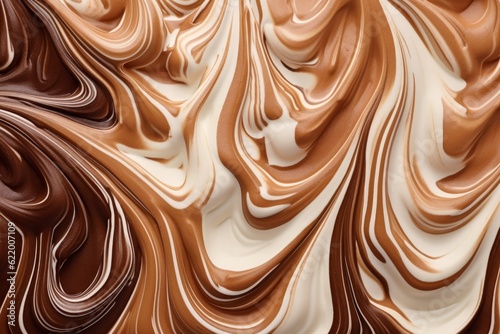 Creative sweet food, sweets cream banner panorama wallpaper, seamless pattern texture - Top view of brown chocolate, crumble mixture with waves swirl Generative AI