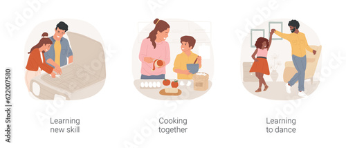 Learning new skills with parents isolated cartoon vector illustration set. Teenage girl repairs car with dad, mom and son cooking together, father teaching daughter to dance vector cartoon.