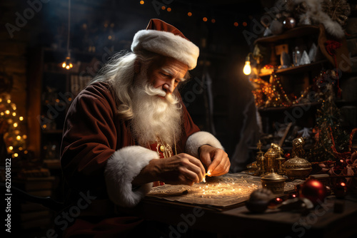 Santa Claus preparing Christmas gift wrapping. Holiday magic and festive preparations concept. AI Generative.