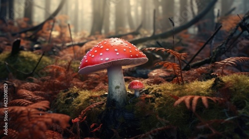 Colorful red mushroom in the forest, fly agaric, generative ai