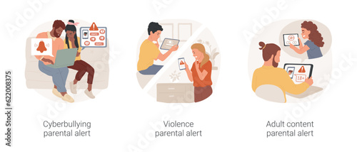 Parental alert software isolated cartoon vector illustration set. Cyberbullying attack on teenager, parent gets notification of digital threat, violence alert, block adult content vector cartoon.