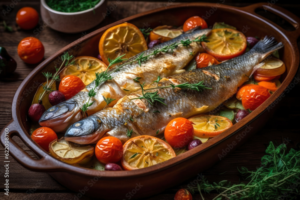 Delicious trout baked in the oven with vegetables, tasty and healthy fish cooked at home, AI Generated