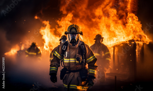 Firefighters extinguish a fire. Using Twirl water fog type fire extinguisher to fighting with the fire flame from oil to control fire not to spreading out. Firefighter and industrial safety concept. 
