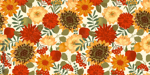 Floral seamless pattern with autumn flowers, leaves and apples. Vector background for various surface.