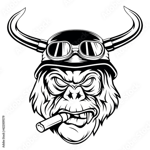 Gorilla in a biker helmet and with a cigar. Vector illustration of primates. Sketch of an angry gorilla head