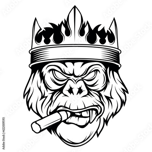Gorilla in a crown and with a cigar. Vector illustration of primates. Sketch of an angry gorilla head