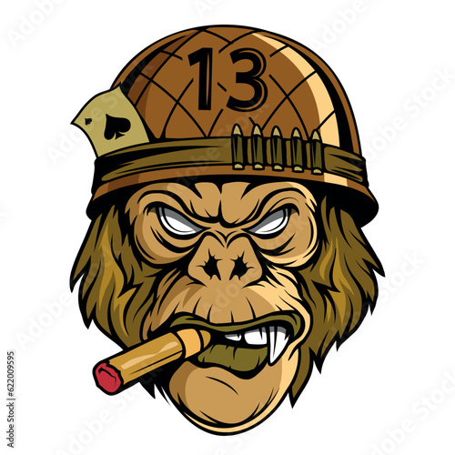 Gorilla in a military helmet and with a cigar. Vector illustration of primates. Angry gorilla head