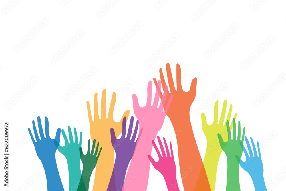 Colorful hands raised on a white background. Concept of rights and freedom of people. Vector illustration in flat design.