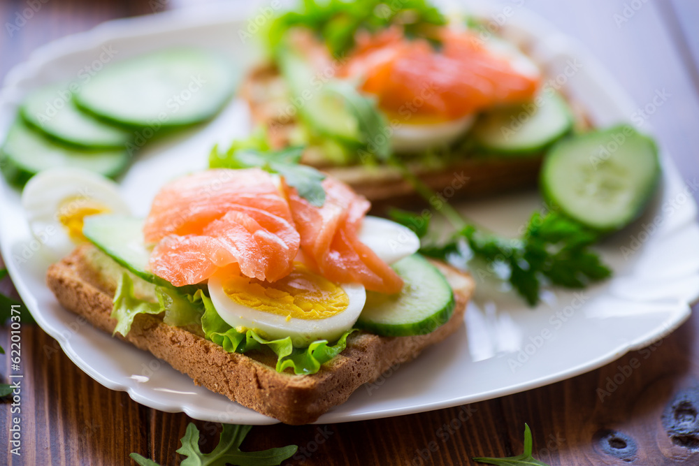 fried toast with lettuce, egg, cucumbers and red fish in a plate. fried toast with lettuce, egg, cucumbers and red fish in a plate.