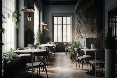 Interior of modern restaurant with grey walls  wooden floor  dark wooden tables and chairs