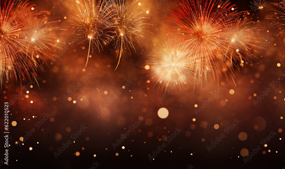 Fototapeta premium Happy New Year, Party, Celebration background.Colorful firework with bokeh background with copy space for New Year celebration, Abstract holiday background