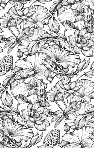 Vector seamless pattern with hand drawn blooming lotus flowers and leaves. Traditionsl oriental print. Best for textile.