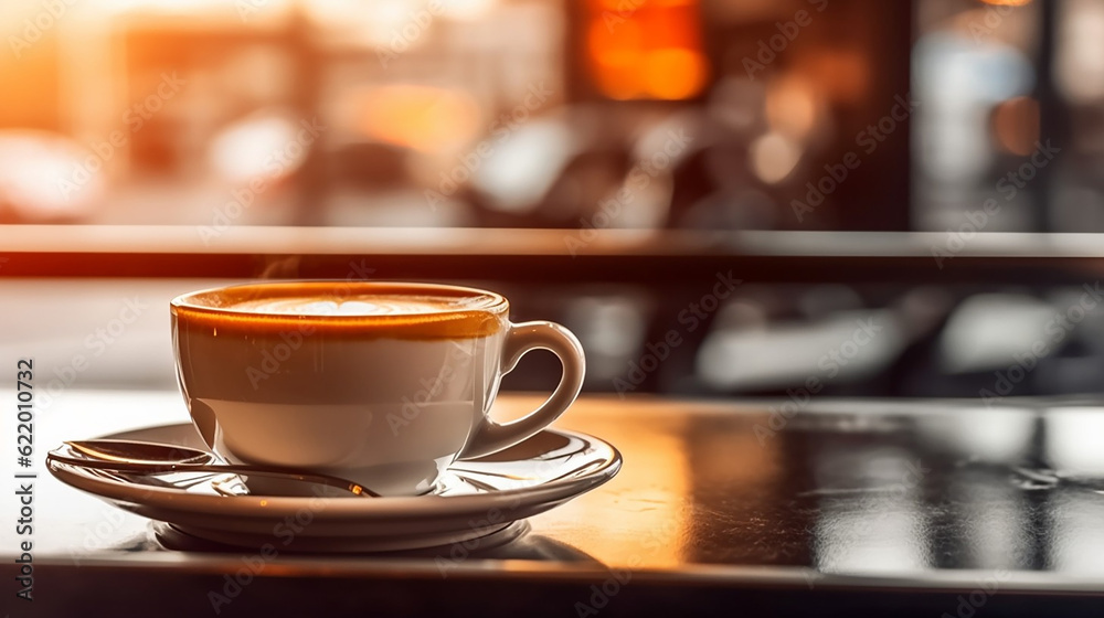 ai generative modern coffee cup with a city bokeh beautiful lights as background 