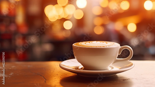 ai generative modern coffee cup with a city bokeh beautiful lights as background 