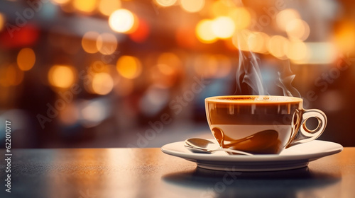 ai generative modern coffee cup with a city bokeh beautiful lights as background 